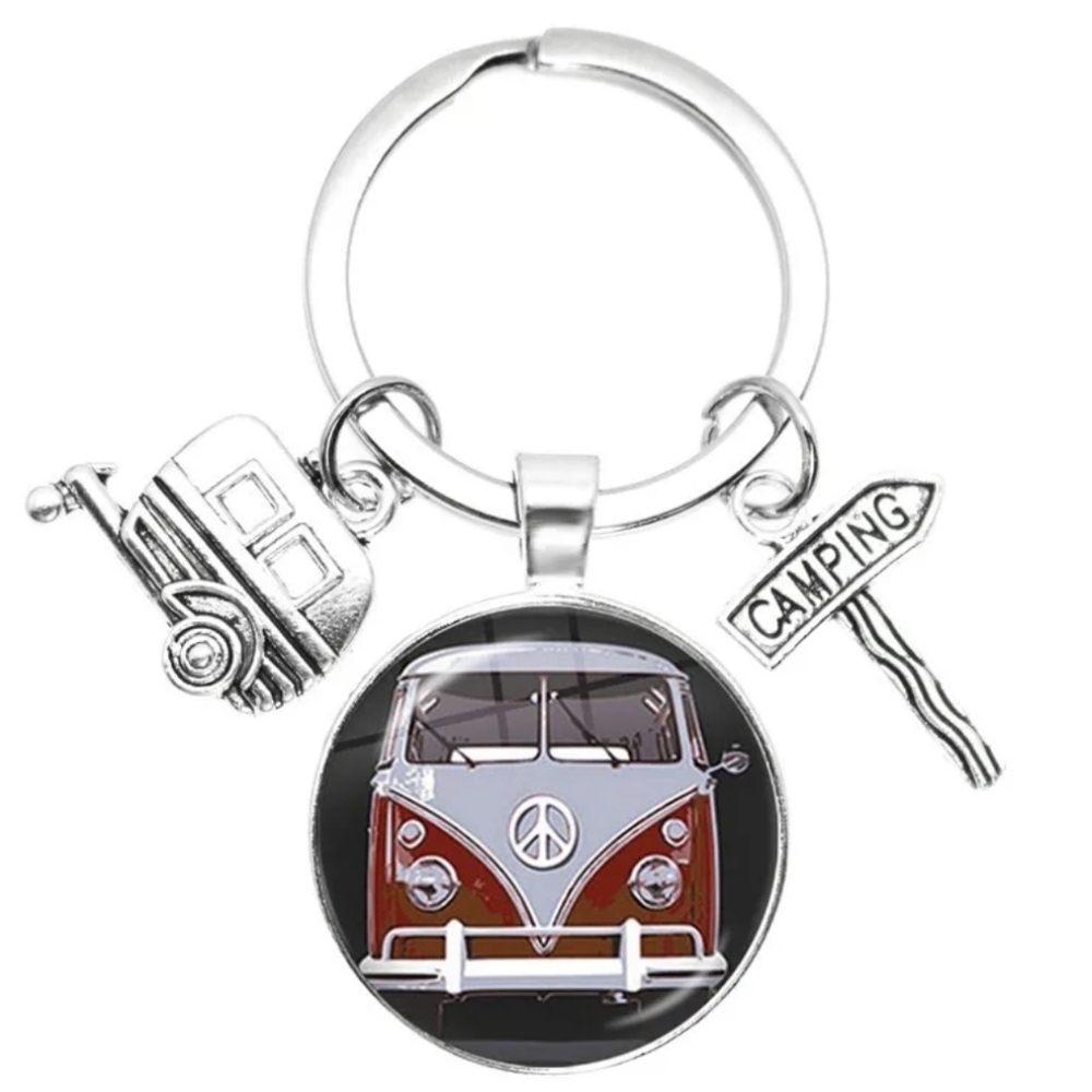 Keychain Retro Van Red Volkswagen Bus Peace Sign - Picture 1 of 8